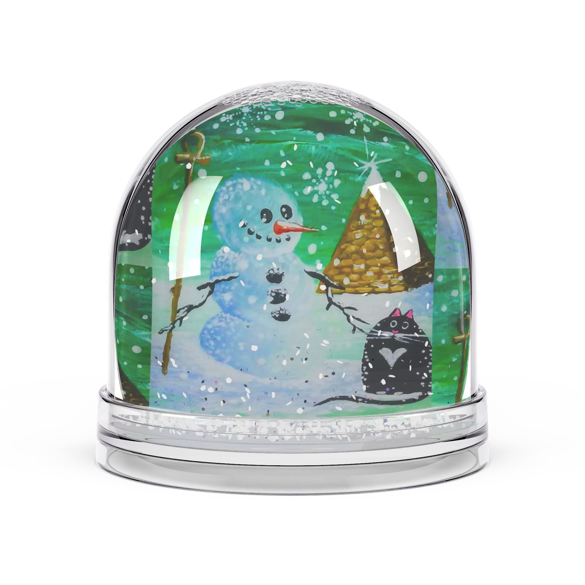 Cute Snowman Egypt Pyramid Cat Snow Globe Whimsical Holiday Decor Original Art