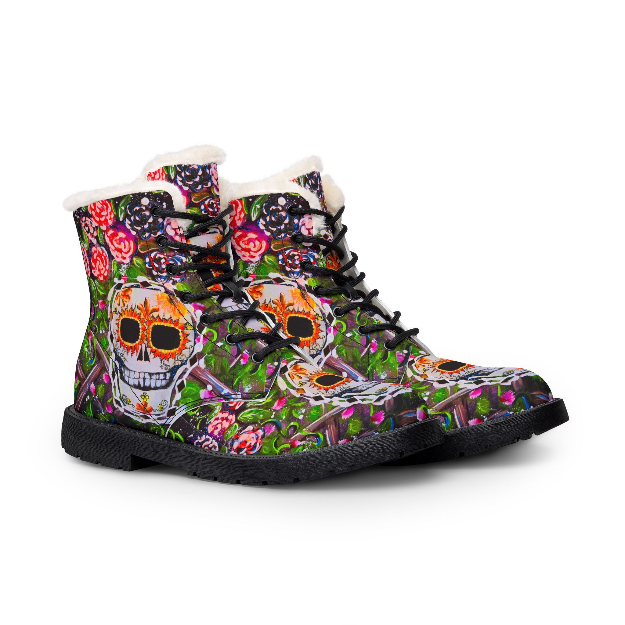 Fur-Lined Leather Boots Women's Floral Sugar Skull Winter Boots