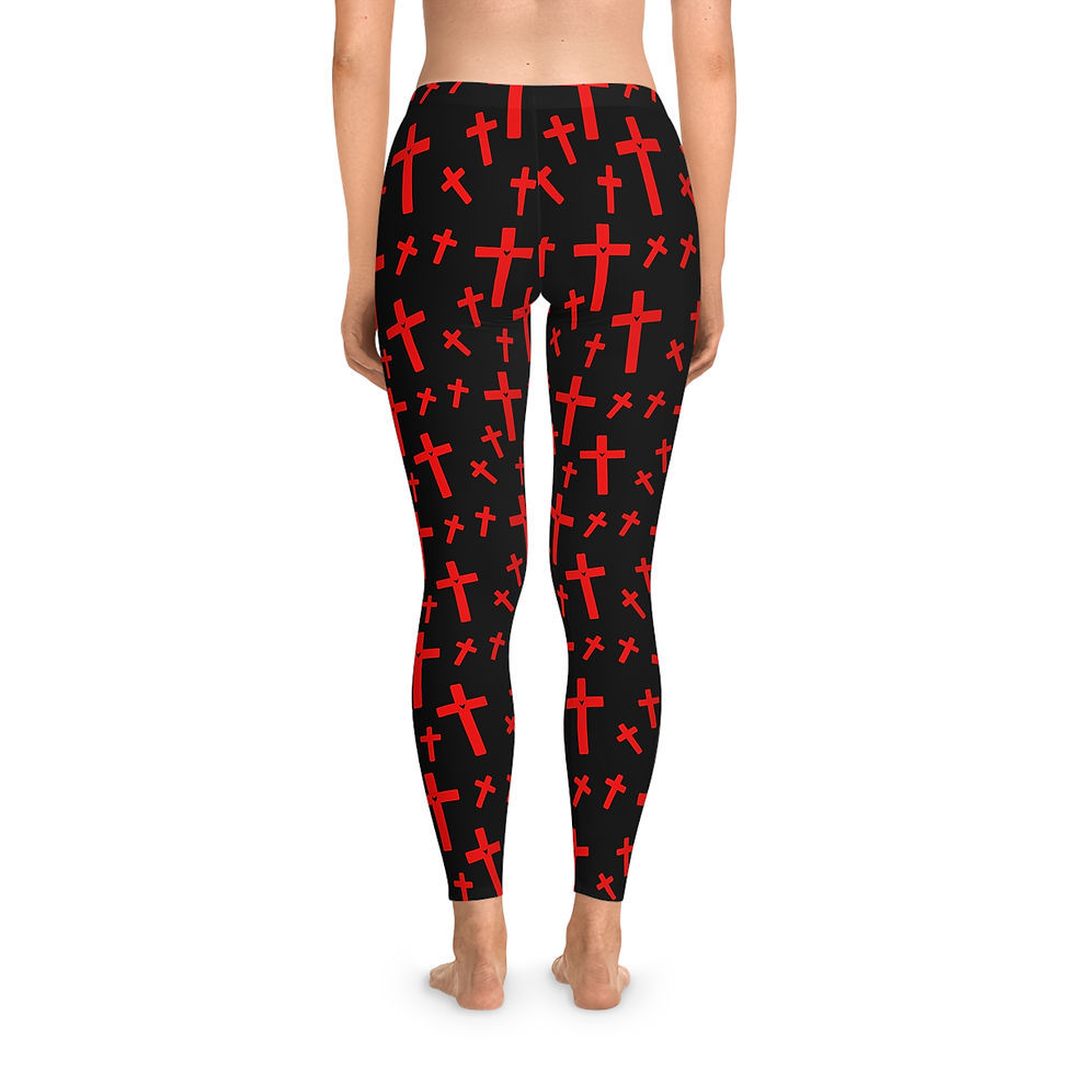 Thumbnail: Stretchy Women's Black Leggings Red Gothic Cross & Heart Patterned AOP