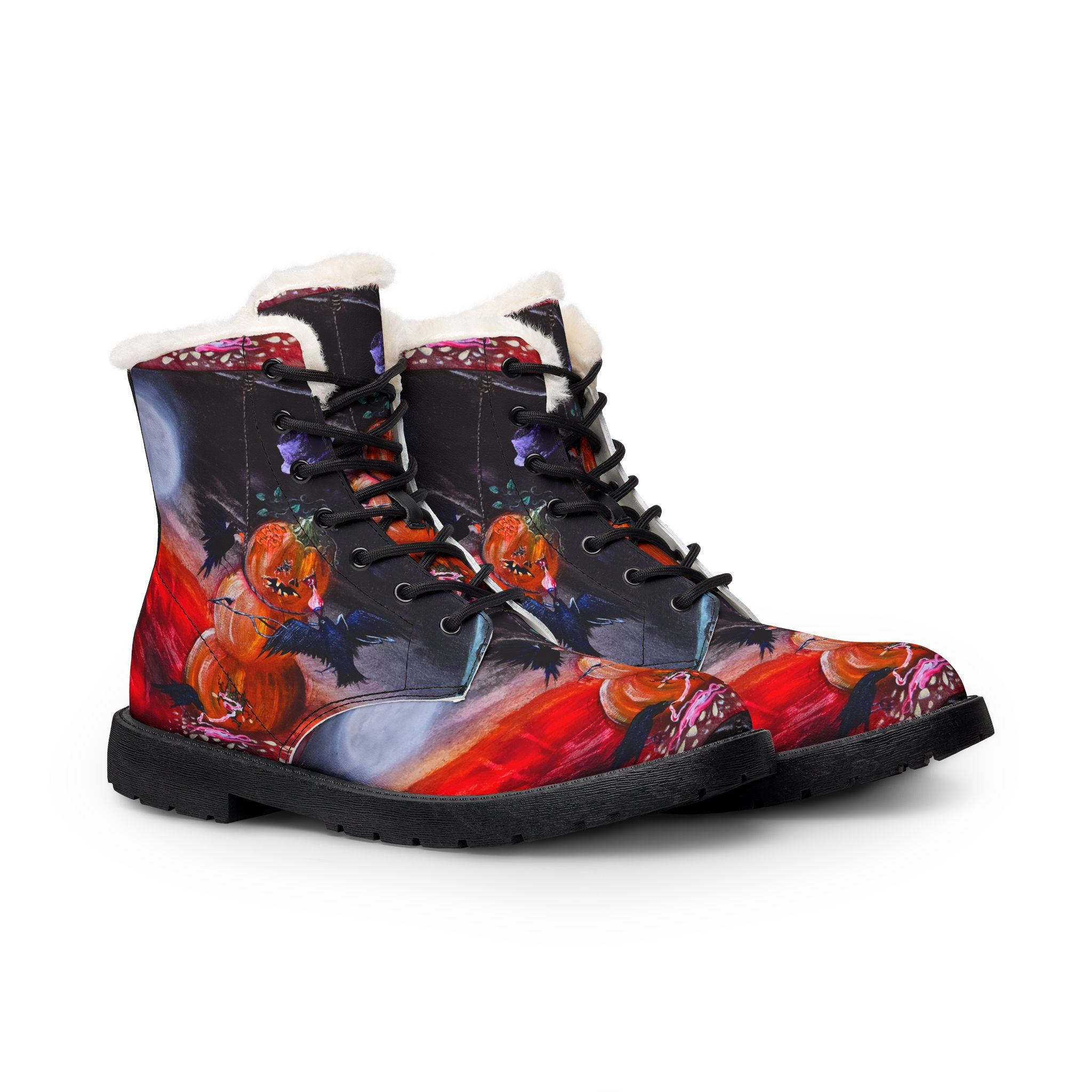 Women's Halloween Pumpkin Fur-Lined Leather Boots Gothic Autumn Combat Style