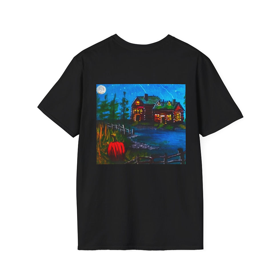 Thumbnail: Moonlit Cabin Night Unisex T-Shirt Lake House Painting Autumn by Melody Lane