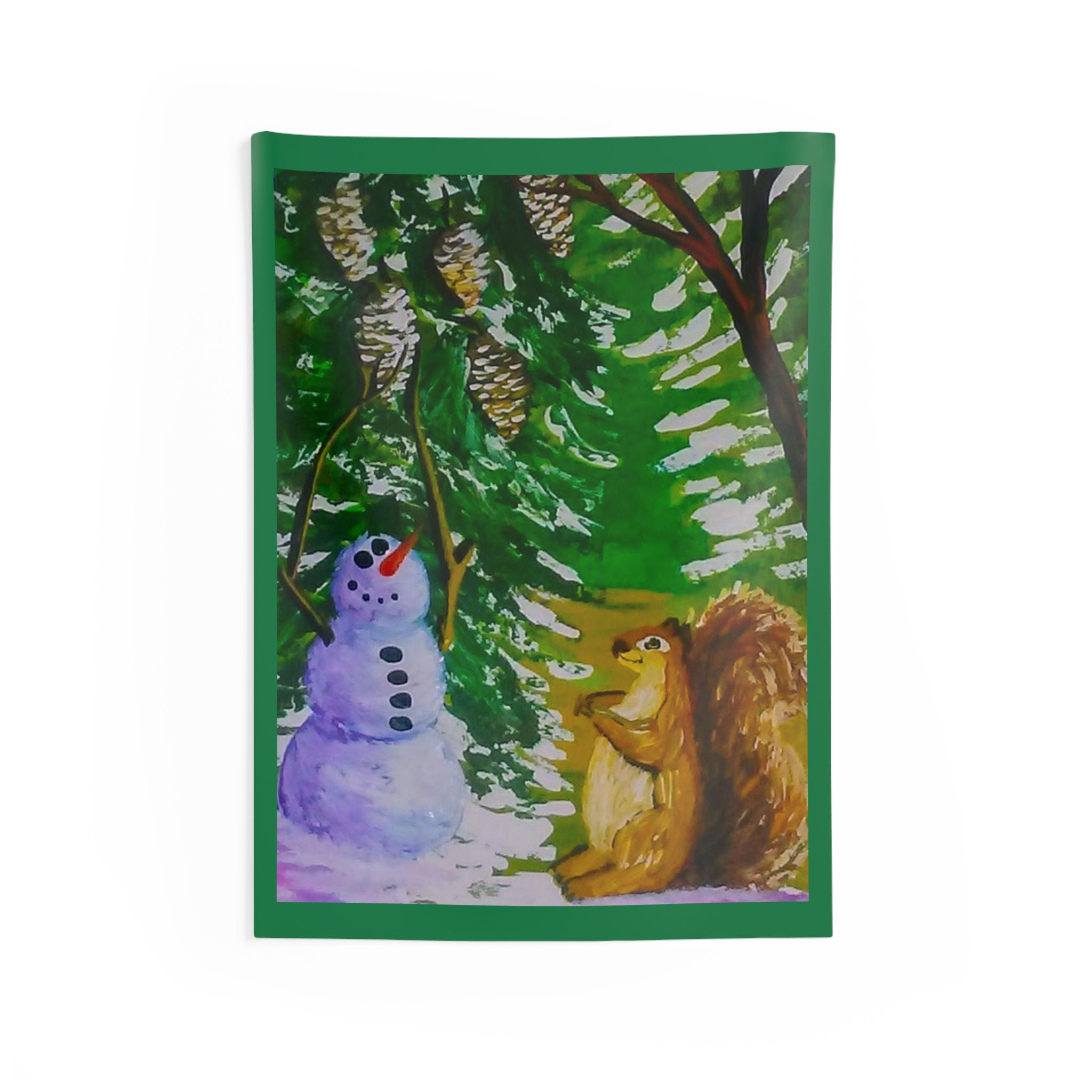 Winter Woodland Tapestry — Snowman & Squirrel Forest Wall Art