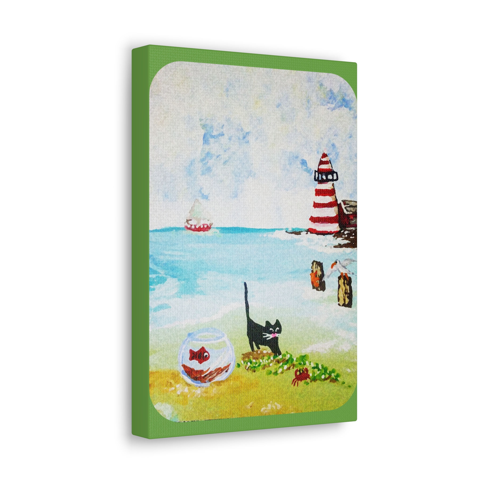 Coastal Cat & Lighthouse Canvas Wall Art Fishbowl Beach Scene