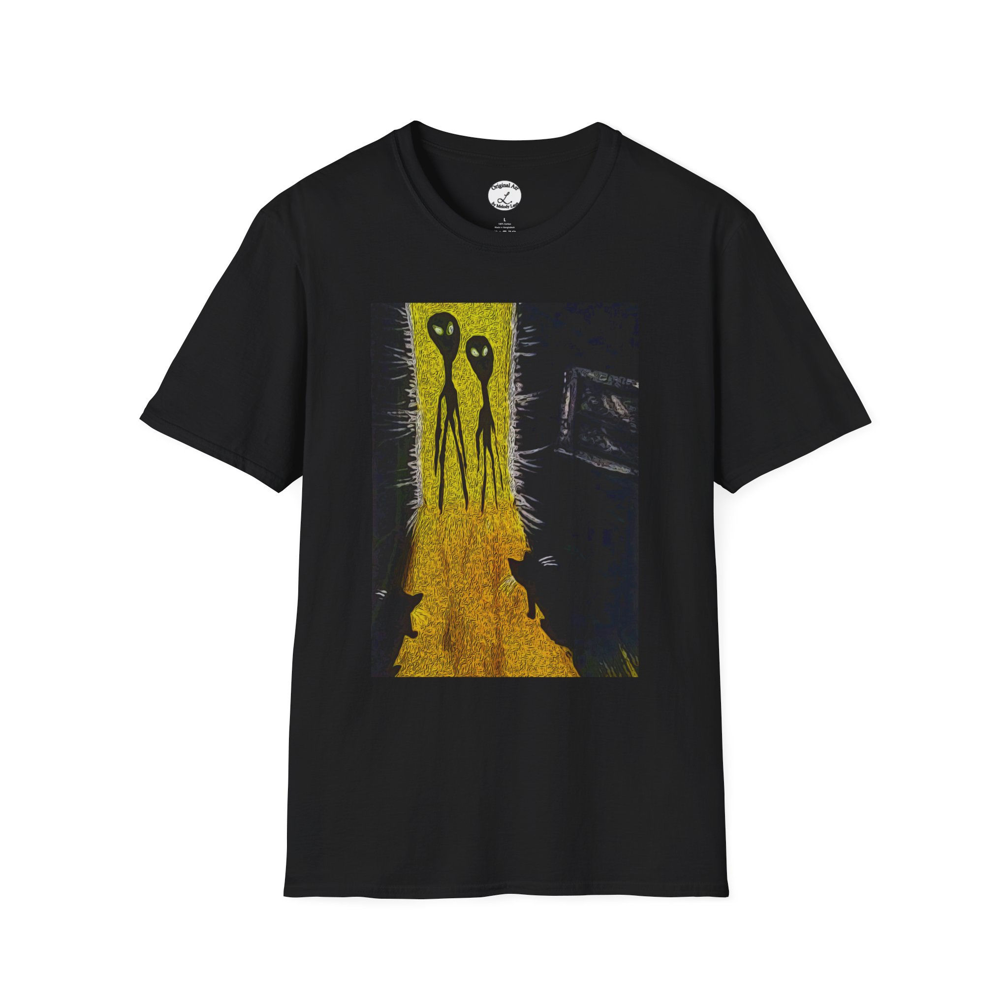 Alien Silhouette T-Shirt Abstract Yellow Night Doorway Scene Cats by Melody Lane