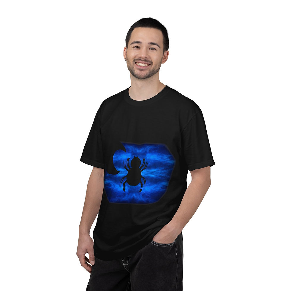 Thumbnail: Blue Storm Spider T-Shirt Moon Night Sky Goth Gothic Black Tee by Melody Lane
