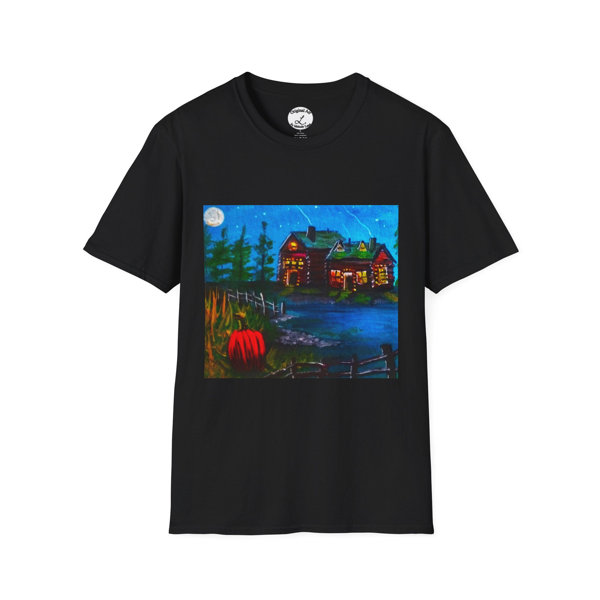 Moonlit Cabin Night Unisex T-Shirt Lake House Painting Autumn by Melody Lane