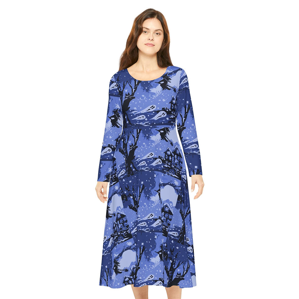 Thumbnail: Winter Halloween Art Long-Sleeve AOP Witchy Dress Blue Black Ghosts Witches