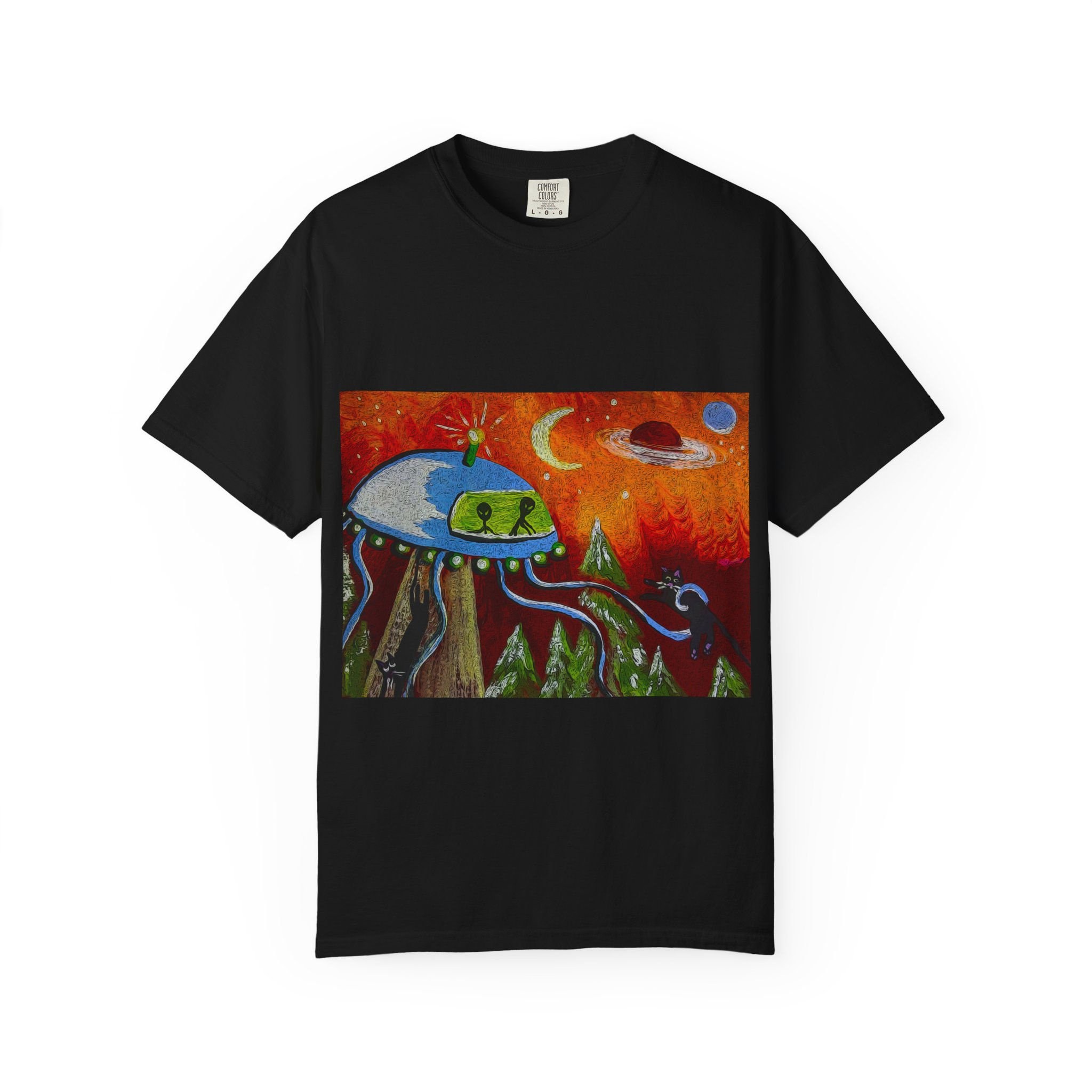 Alien UFO Cats Landscape T-shirt Retro Space Art Cosmic Sunset by Melody Lane