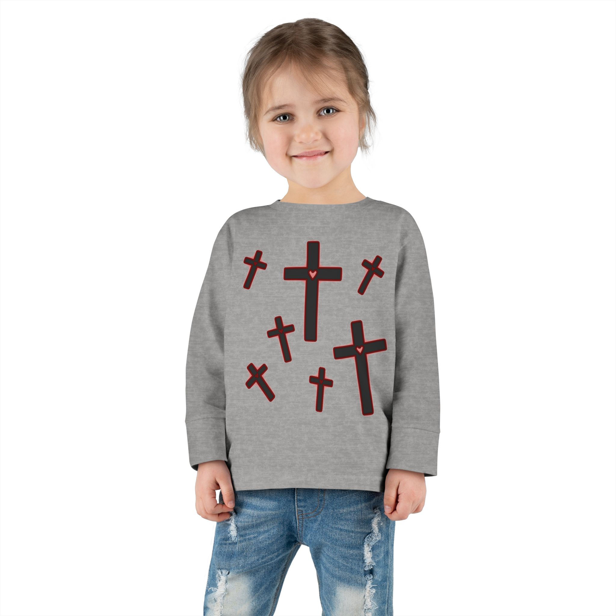 Toddler Long Sleeve Tee — Cute Crosses Gothic Kids Shirt (Hearts on Crosses)