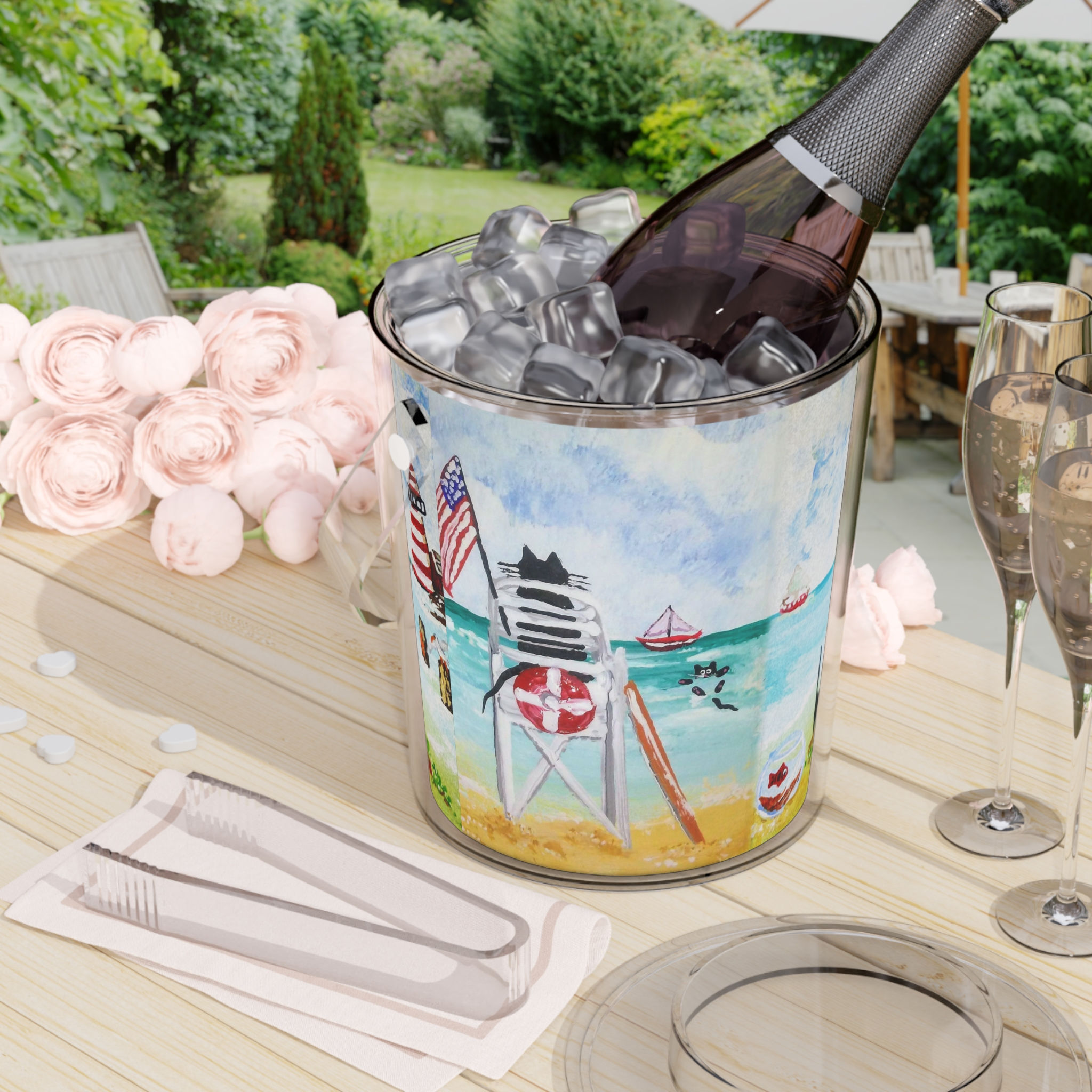 Summer Ice Bucket w/Tongs Beach Lighthouse Lifeguard Scenes by Melody Lane