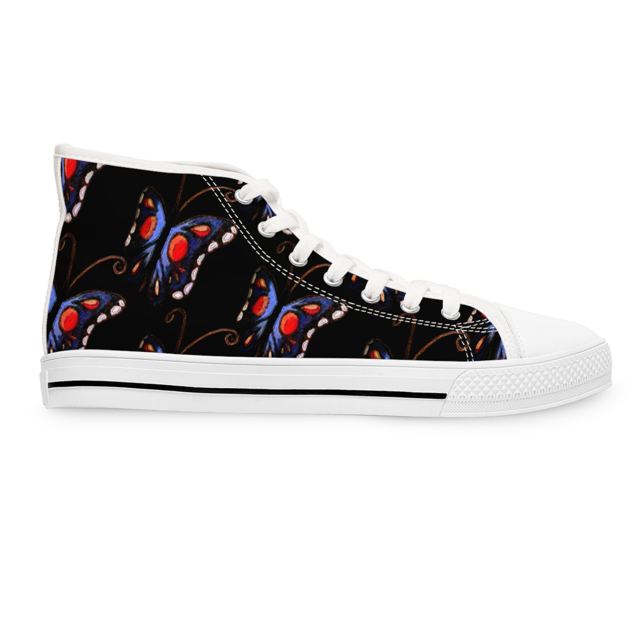 Retro Blue Red Butterfly Pattern High Top Sneakers Canvas Black by Melody Lane