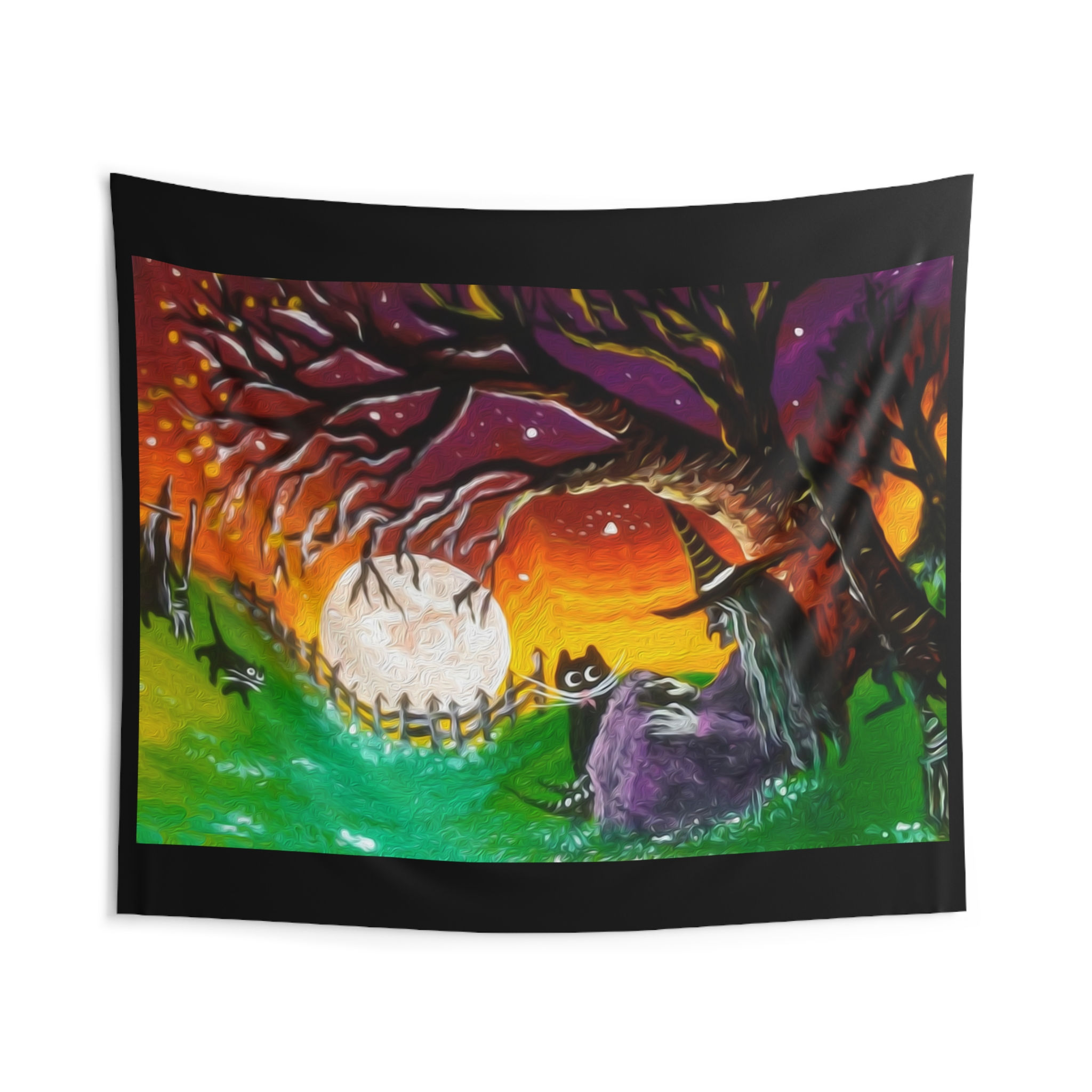 Halloween Moonlit Cat Wall Tapestry — Whimsical Autumn Night Home Decor
