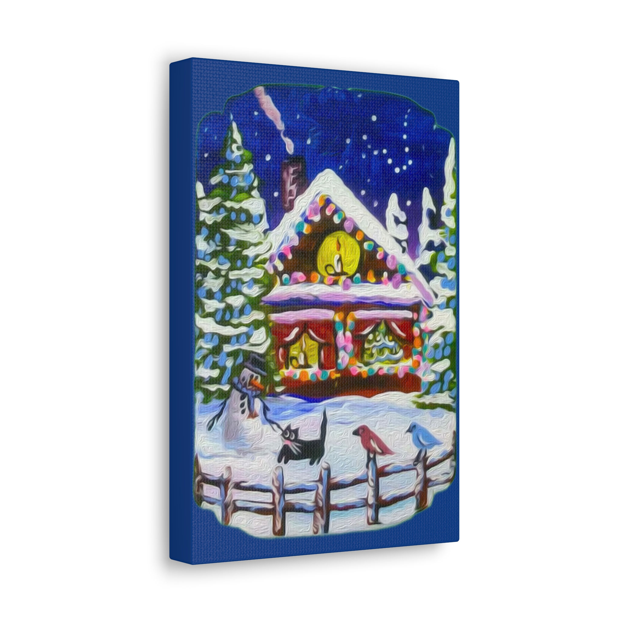 Canvas Print - Cozy Snowy Cottage Christmas Winter Snowman Birds Wall Art