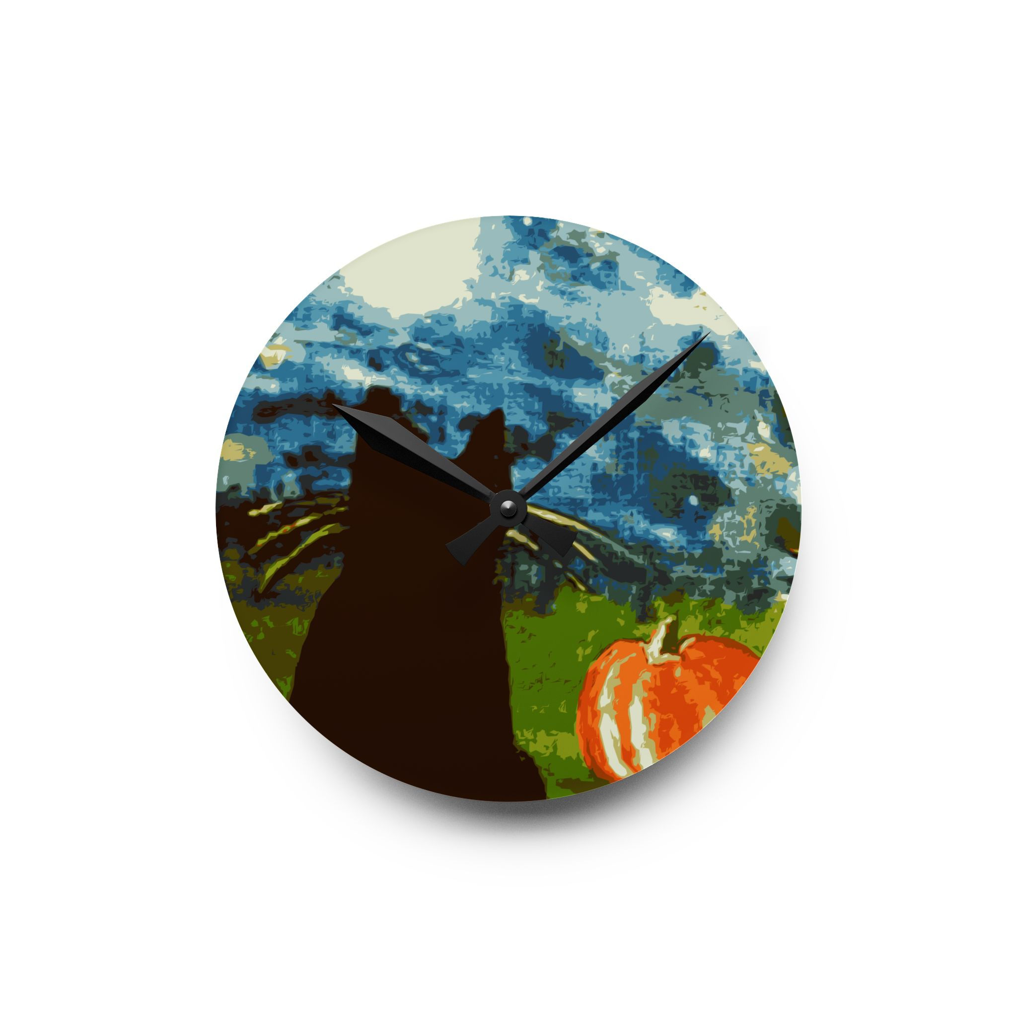 Halloween Cat Pumpkin Art Acrylic Wall Clock Pumpkin Night Sky Full Moon Decor
