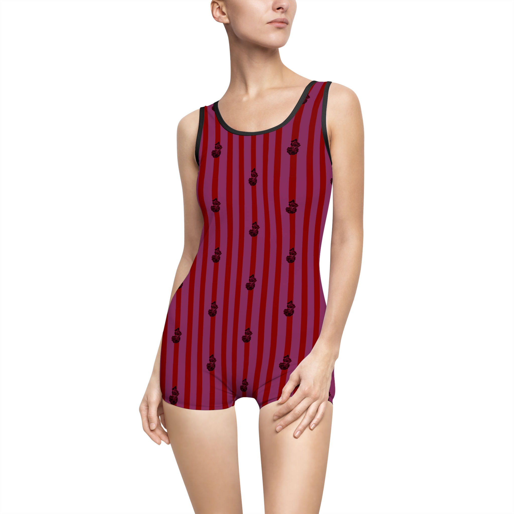 Vintage Striped One-Piece Swimsuit Crimson Red & Burgundy Floral Pattern