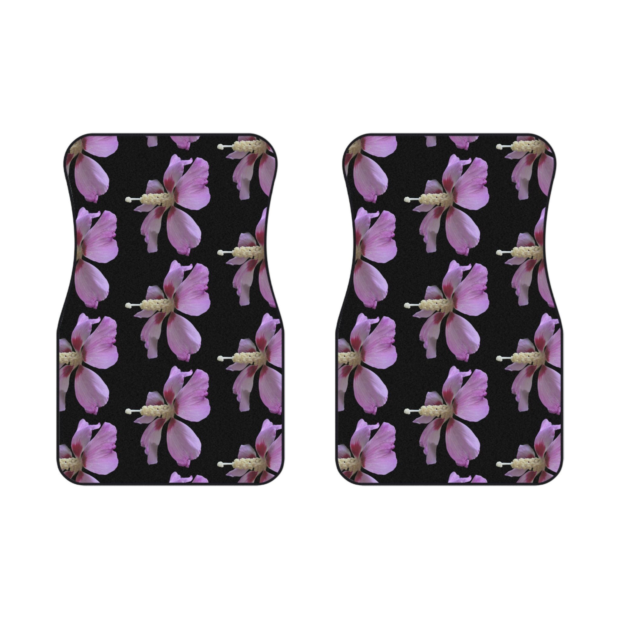 Floral Pink Hibiscus Car Mats (2x Front) Black Background Tropical Flowers