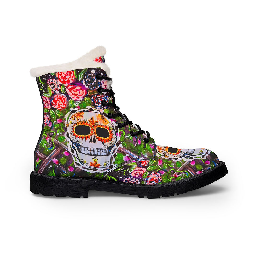 Thumbnail: Sugar Skull Floral Fur-Lined Leather Boots — Men's Gothic Punk Winter Footwear