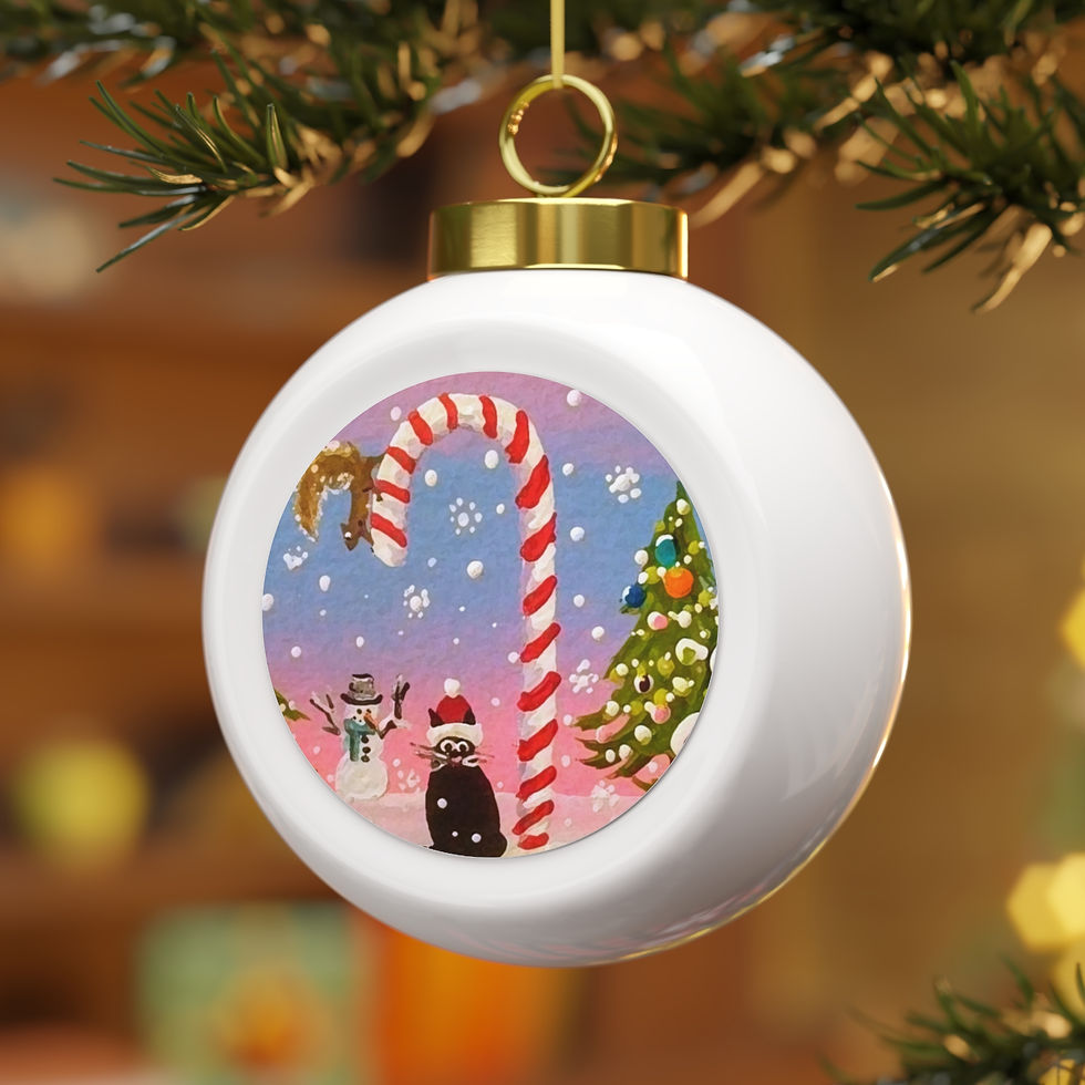Thumbnail: Festive Candy Cane Cat Squirrel Christmas Snowman Tree Ornament Original Art