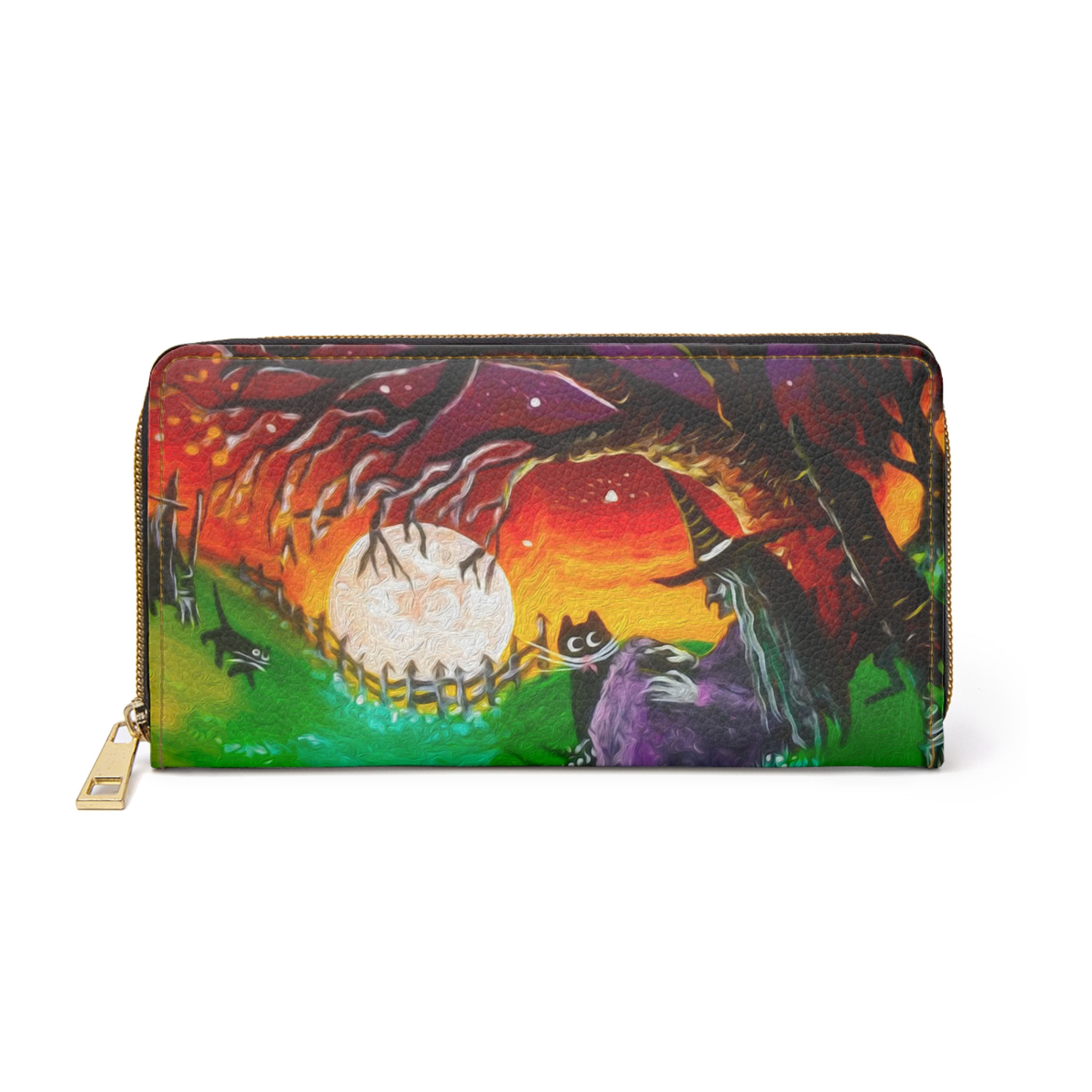 Halloween Witch Zipper Wallet Spooky Cat Full Moon Wallet