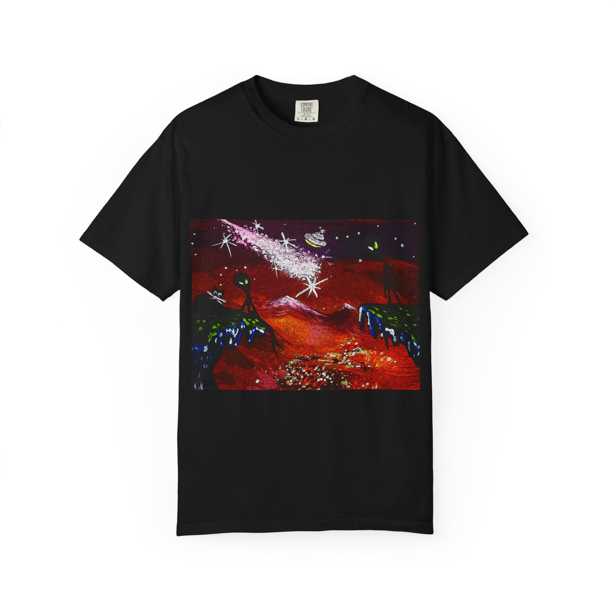 Aliens Above City Surreal Red Landscape T-shirt Night Comet UFO by Melody Lane