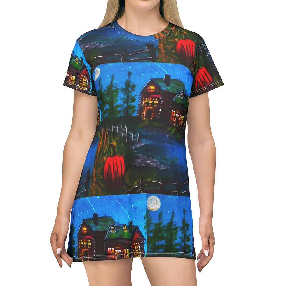Thumbnail: Cozy Cabin Night Autumn T‑Shirt Dress Forest Cottage Lake Lodge by Melody Lane