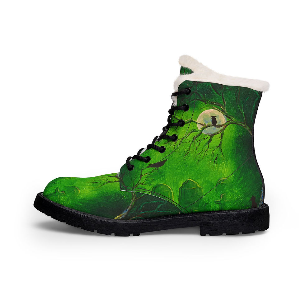 Thumbnail: Green Moonlit Tree Leather Boots — Fur‑Lined Men's Winter Boots