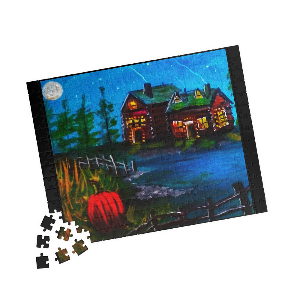 Thumbnail: Cozy Lakeside Cabin Puzzle — Moonlit Fall Halloween Autumn Scene (110–1014 pcs)