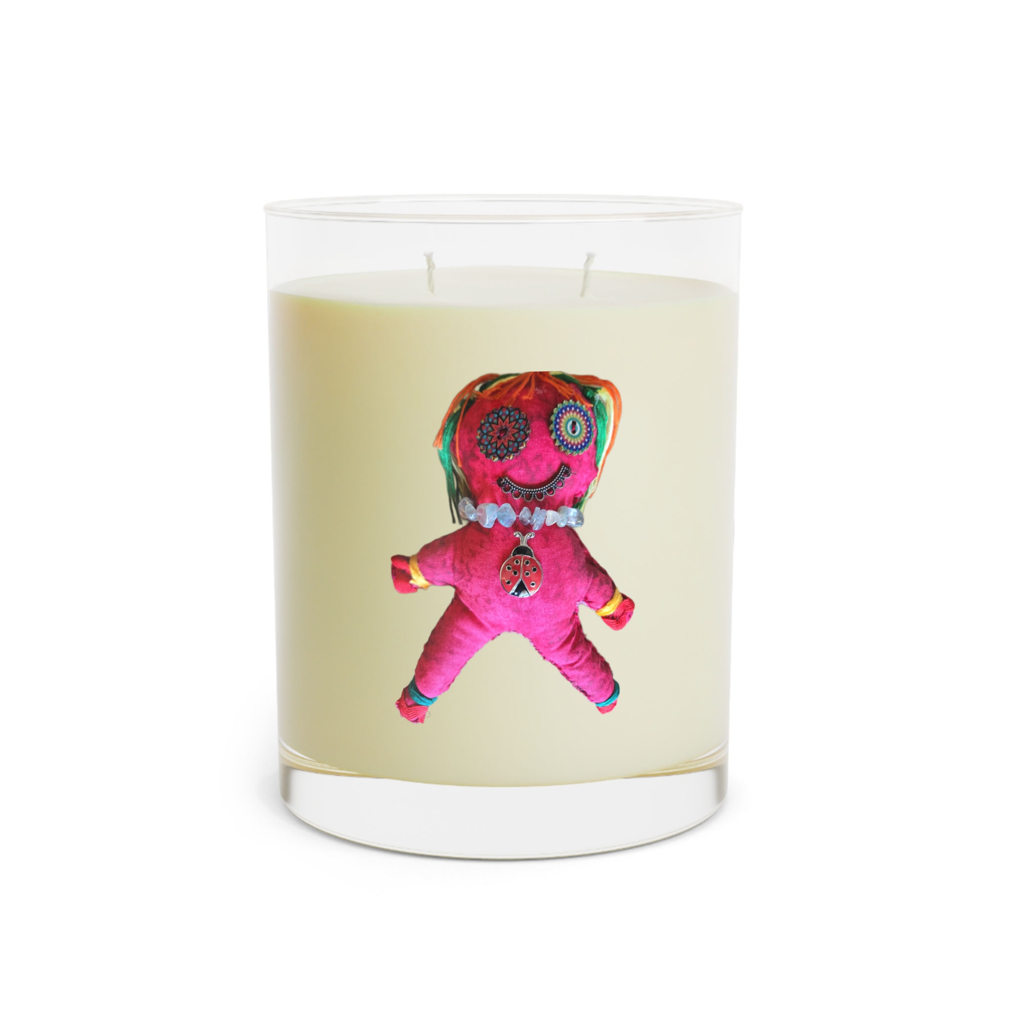 11oz Scented Candle — Bright Pink Voodoo Doll Pattern (Full Glass)
