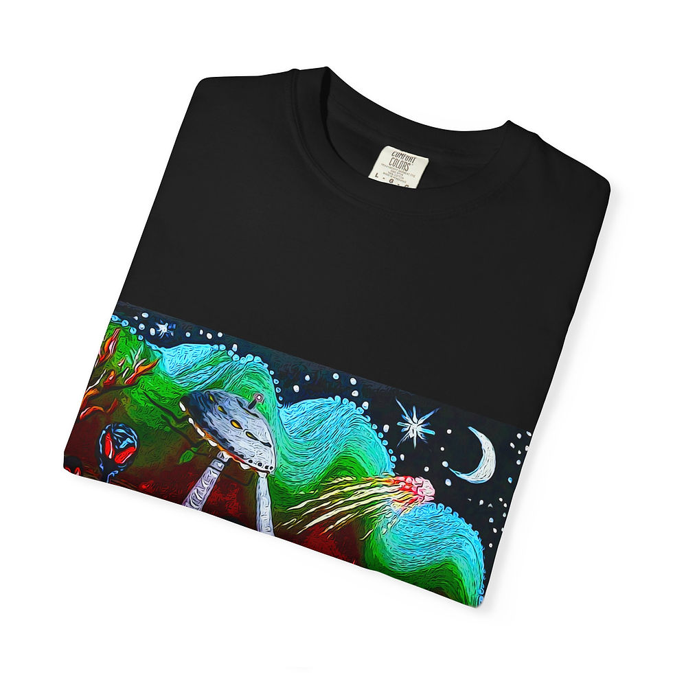 Thumbnail: Alien Cat Fire Burning Landscape UFO T-Shirt Celestial Night Sky by Melody Lane