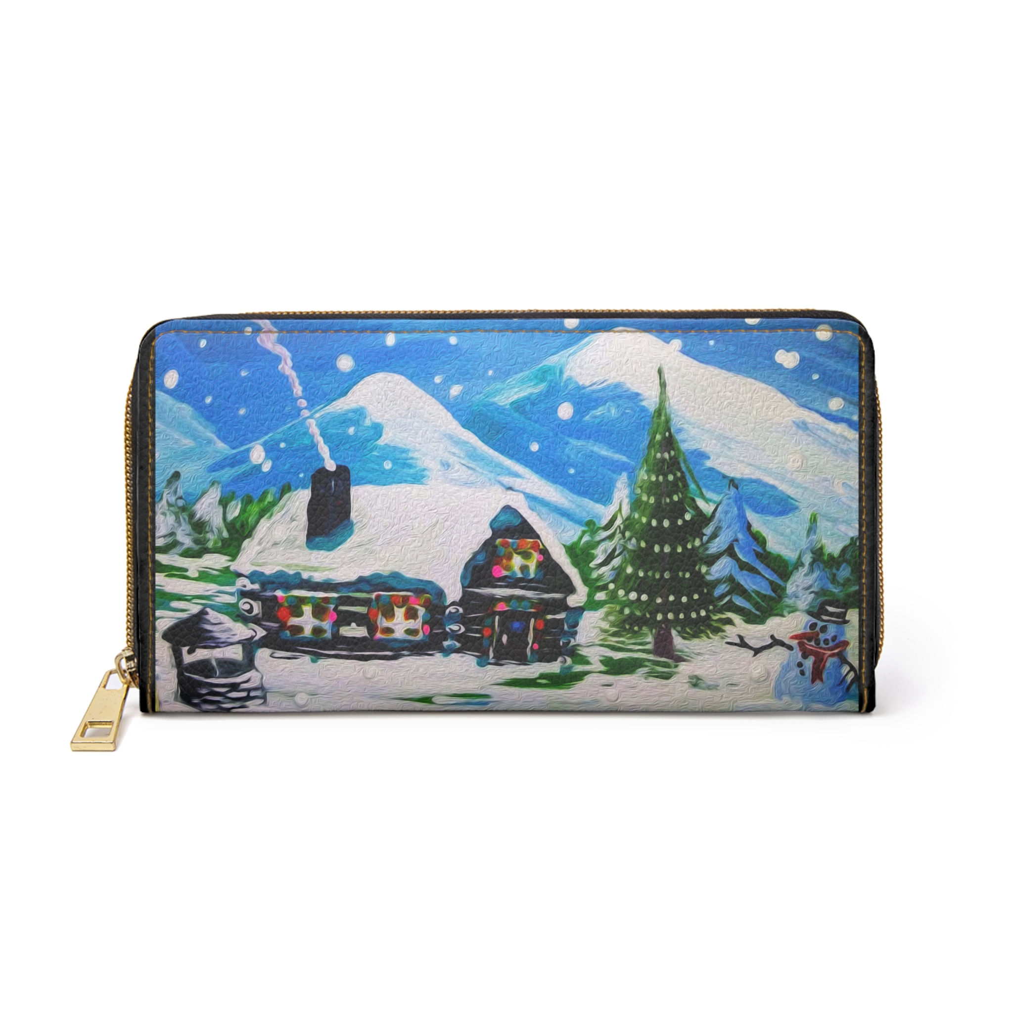 Snowy Christmas Cabin Zipper Wallet Holiday Winter Art Landscape Mountains