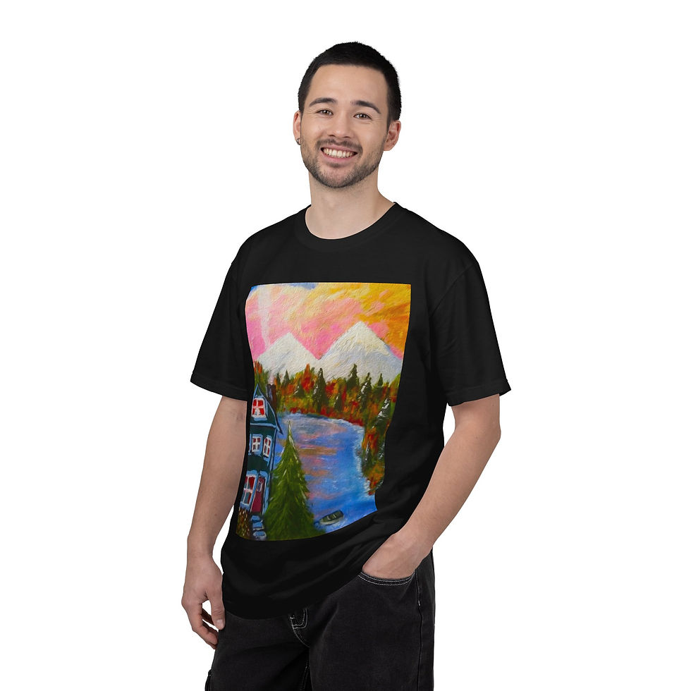 Thumbnail: Mountain Lake Cabin Landscape Unisex T-Shirt Cozy River Forest by Melody Lane