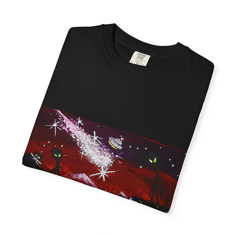 Thumbnail: Aliens Above City Surreal Red Landscape T-shirt Night Comet UFO by Melody Lane