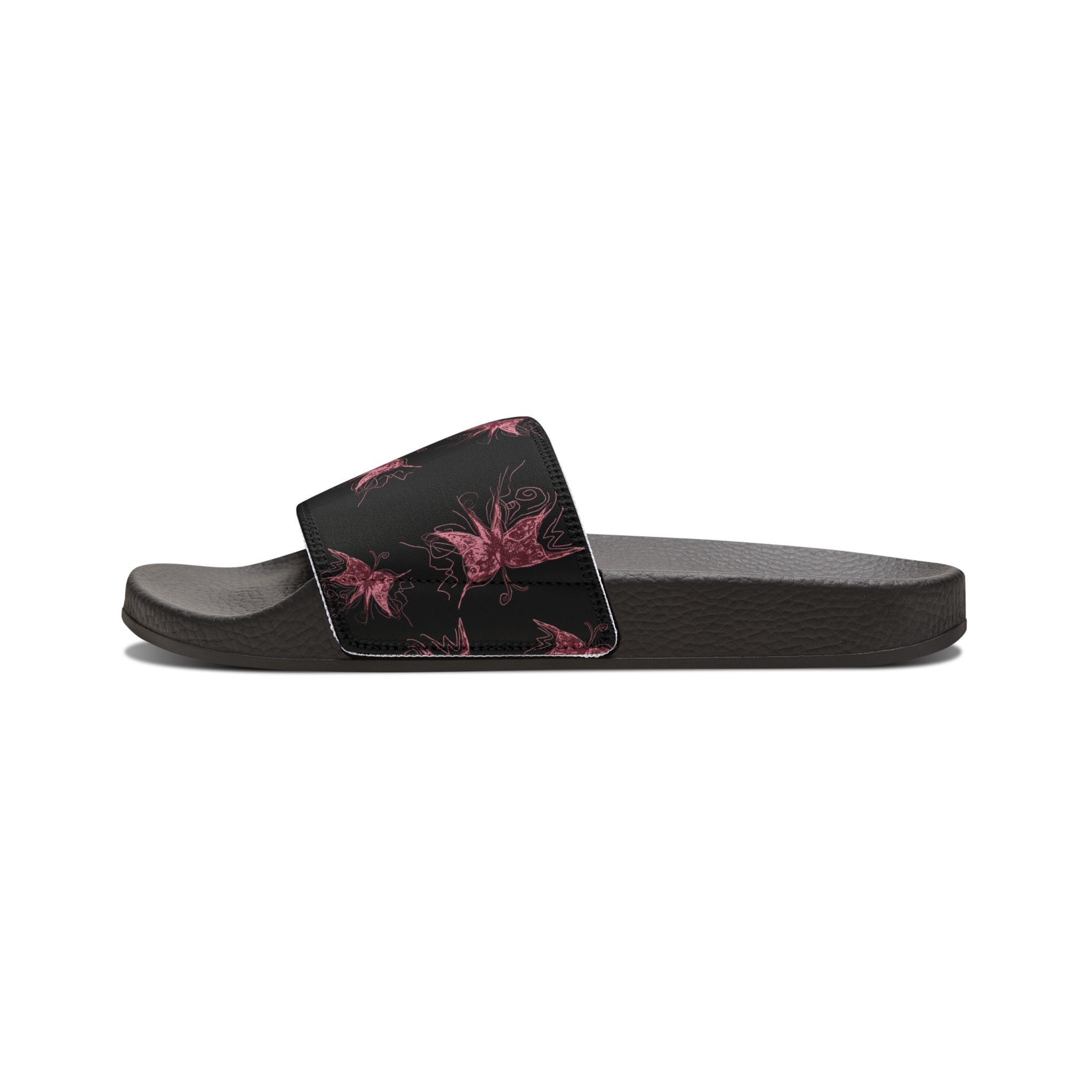 Pink Rose Butterflies Black Slide Sandals Women's Removable Strap Slides