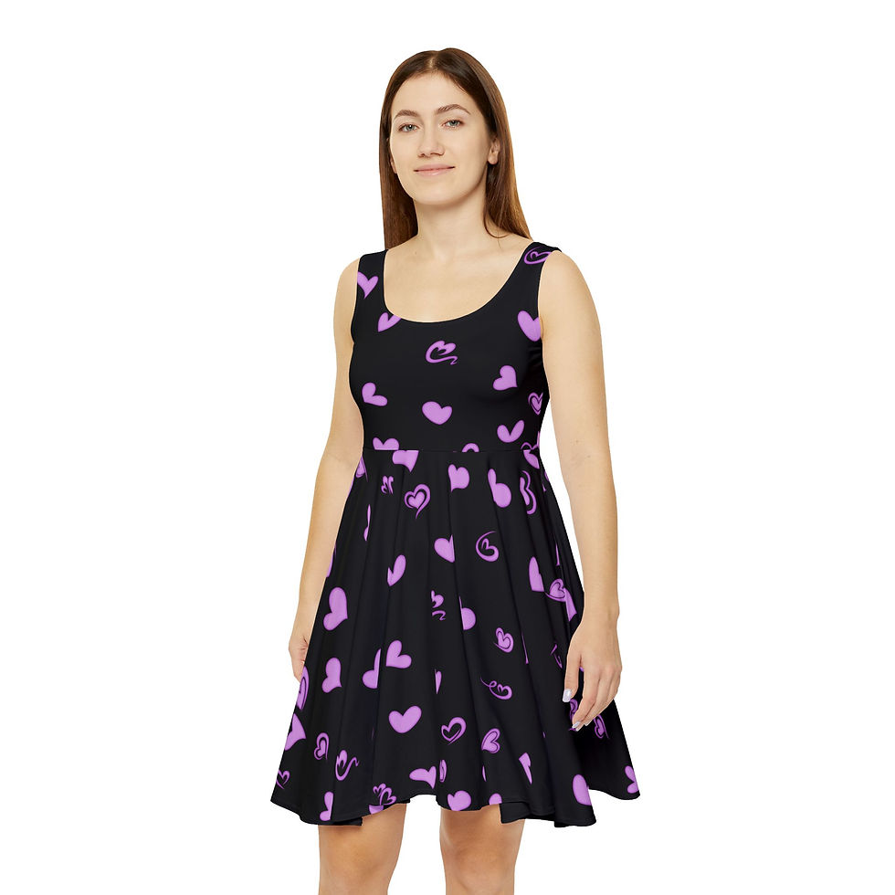 Thumbnail: Purple Lavender Hearts Skater Dress Black all over print Women's by Melody Lane