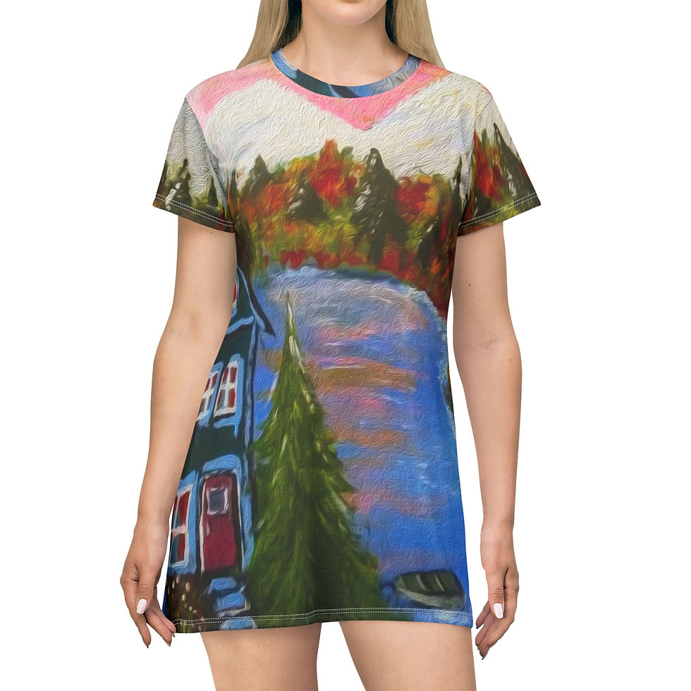 Thumbnail: Women's T-Shirt Dress Cabin Lake Painting of Autumn Mountains by Melody Lane