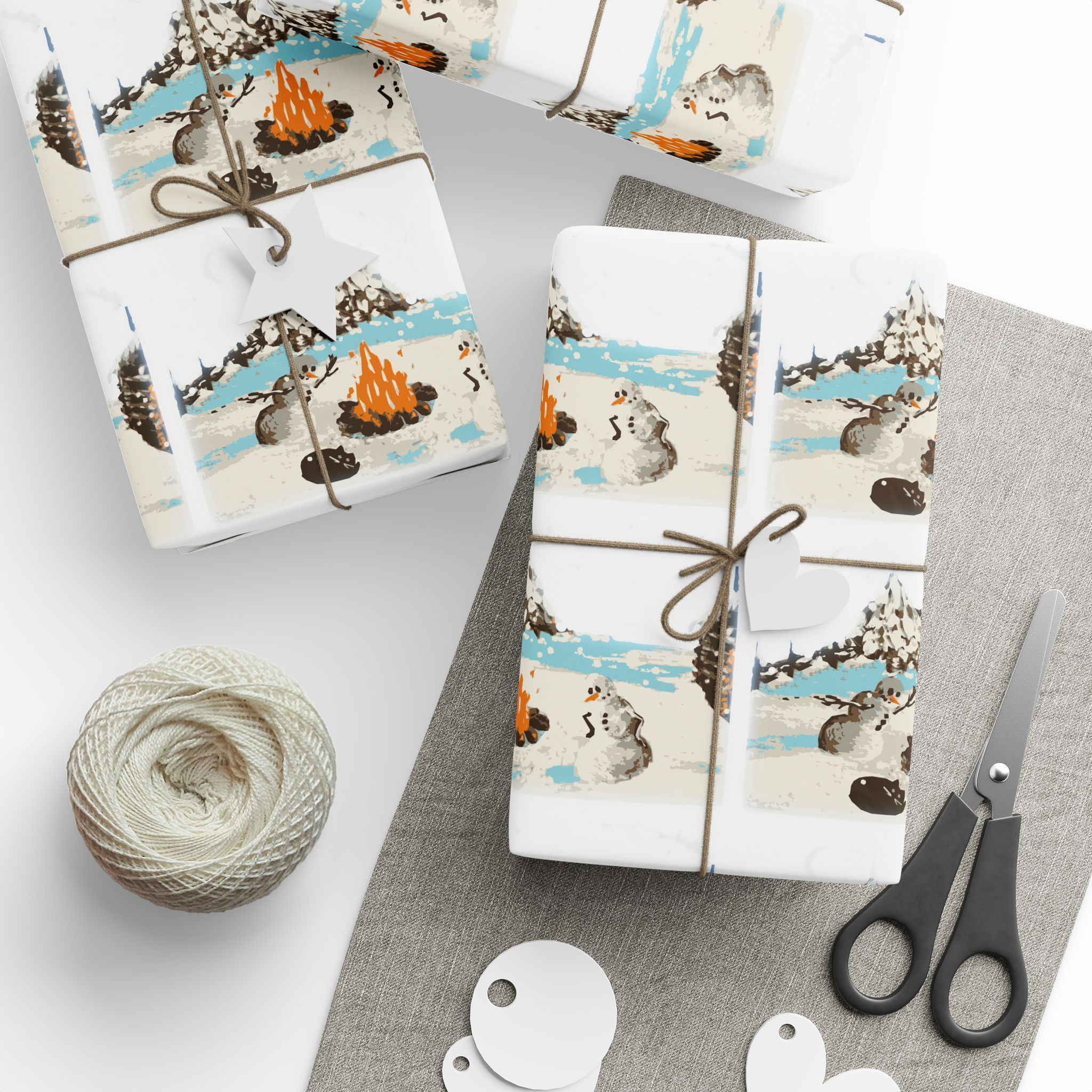 Snowman Campfire Cat Pattern Wrapping Paper Cute Winter Holiday Gift Wrap