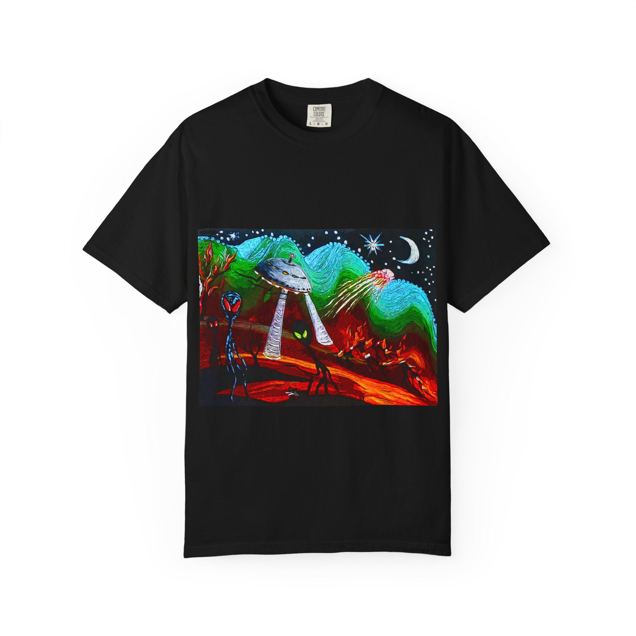 Alien Cat Fire Burning Landscape UFO T-Shirt Celestial Night Sky by Melody Lane