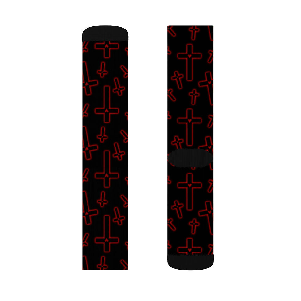 Thumbnail: Black Red Cross Pattern Socks — Gothic Christian Sublimation Crew Socks