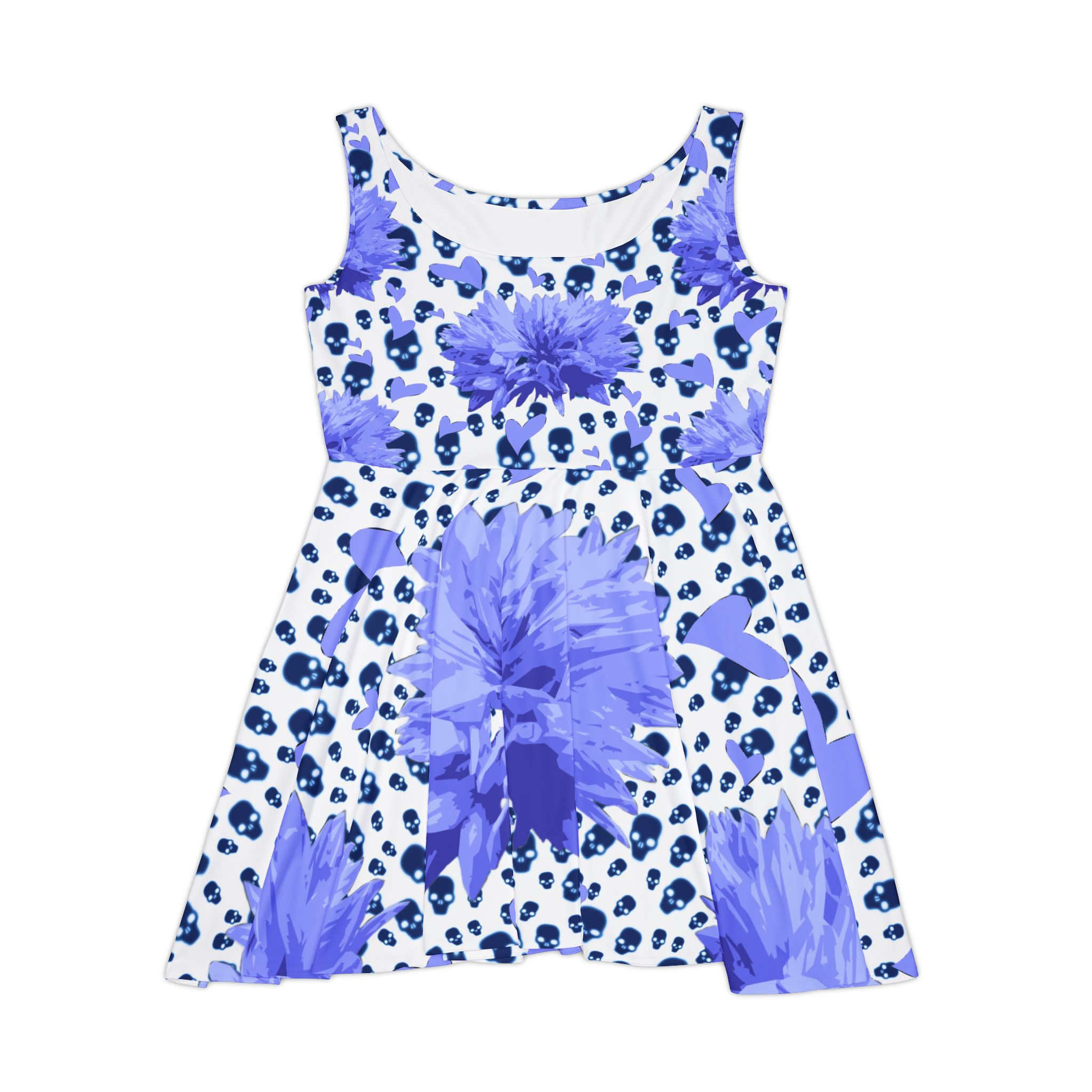 Blue Skull Cornflowers Hearts Goth Gothic Skater Dress All-Over by Melody Lane