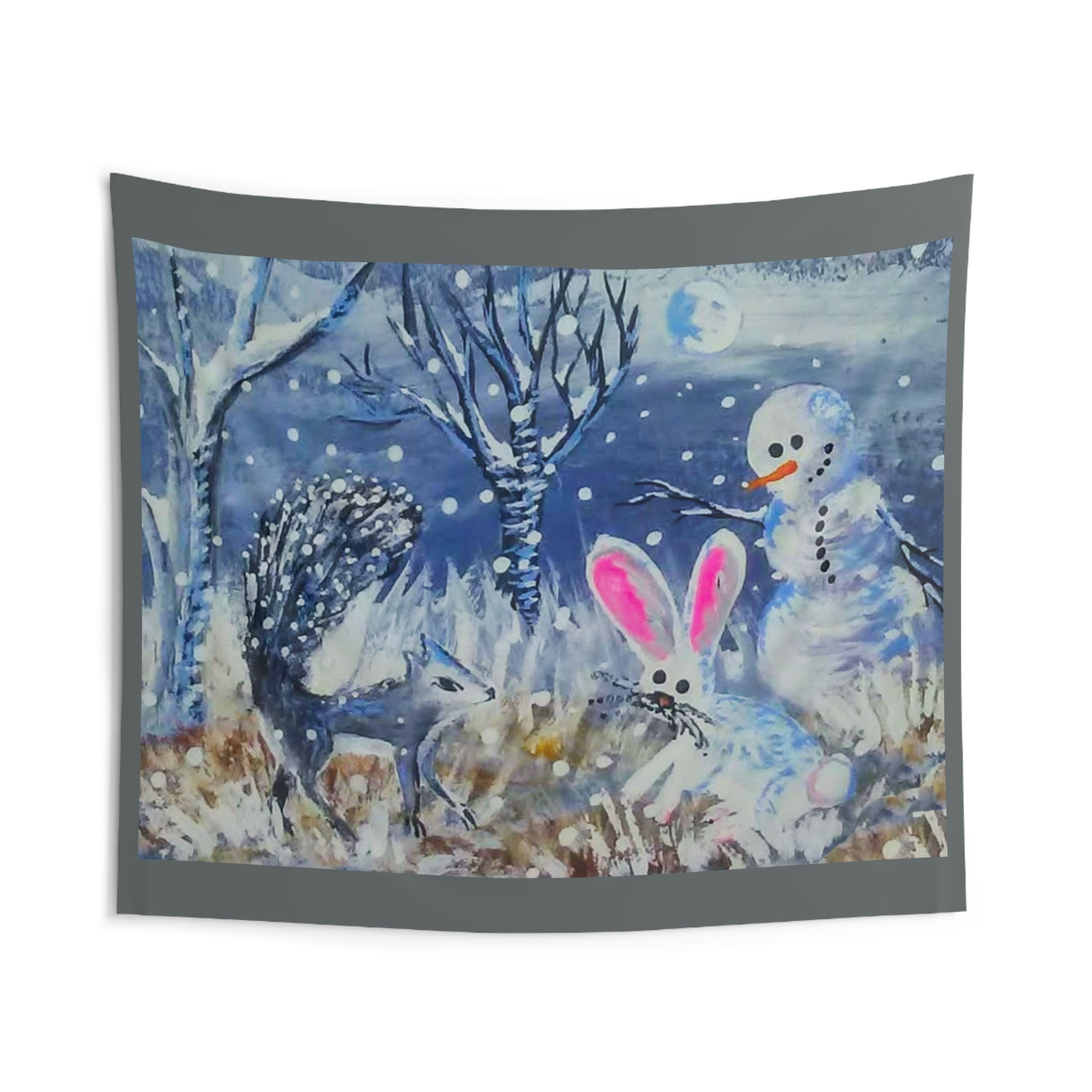 Winter Night Bunny & Snowman Tapestry — Cute Snowy Forest Wall Art