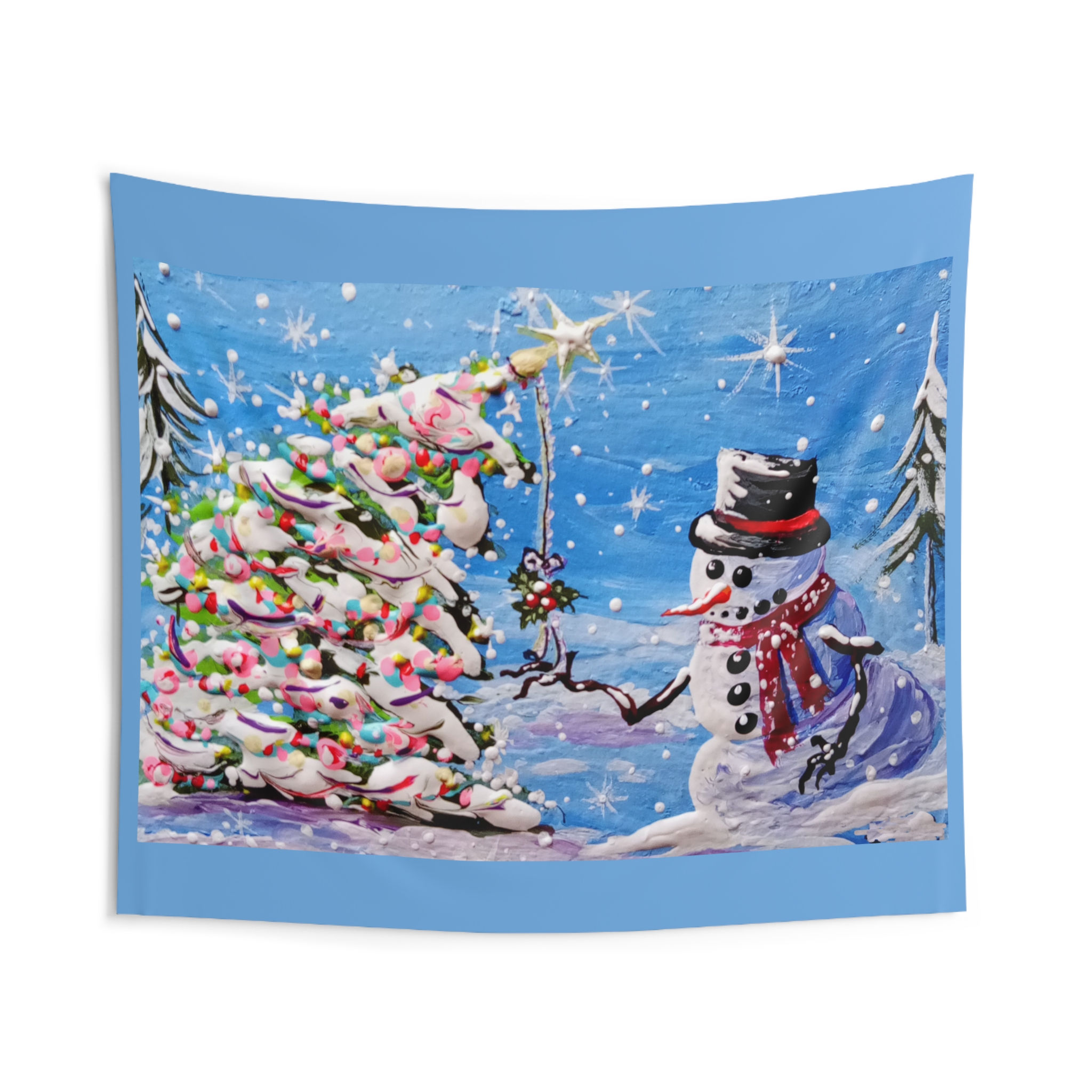 Snowman & Decorated Christmas Tree Tapestry — Holiday Winter Wall Decor