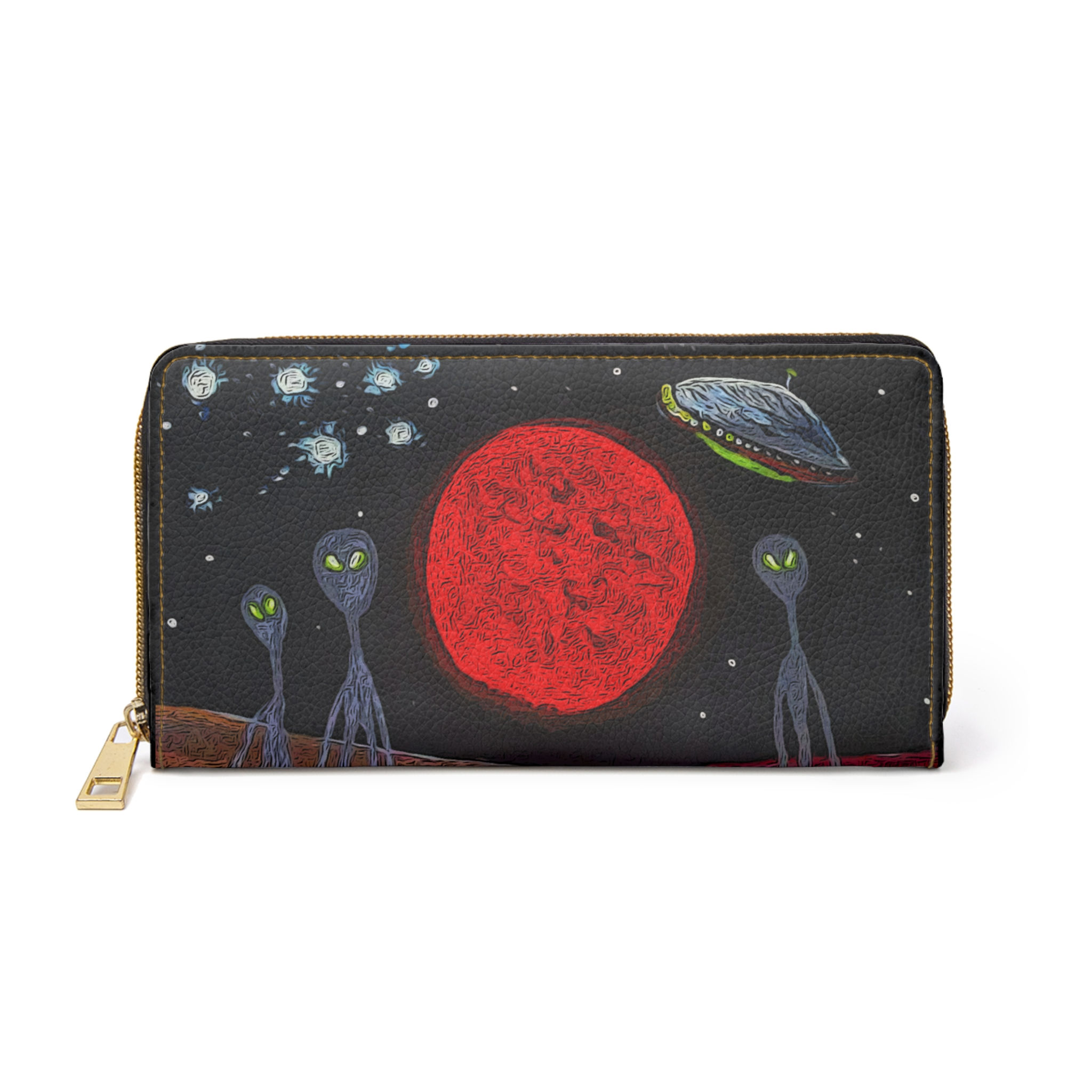 Alien Night Zipper Wallet Red Moon UFO Design Sci-Fi Art Landscape