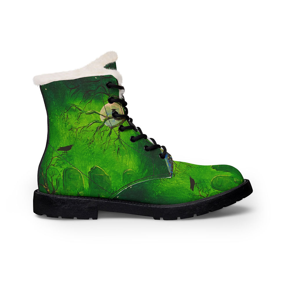 Thumbnail: Green Moonlit Tree Cemetery Crow Women's Fur-Lined Leather Boots