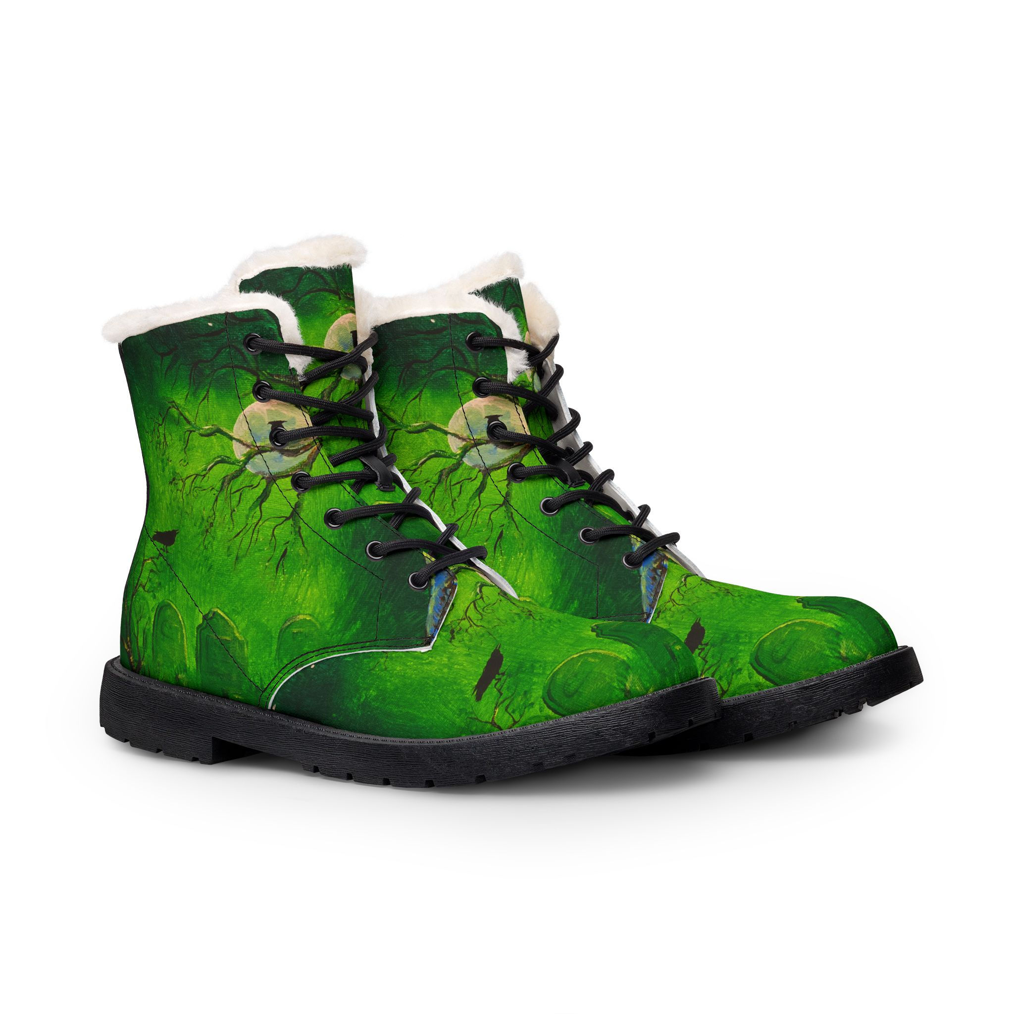 Green Moonlit Tree Cemetery Crow Women's Fur-Lined Leather Boots