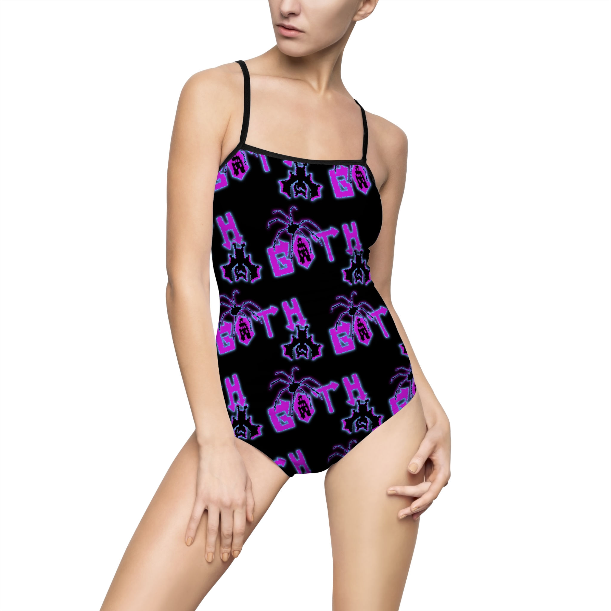 Goth Text Spider Web Black Purple Swimsuit Women's One-piece by Melody Lane
