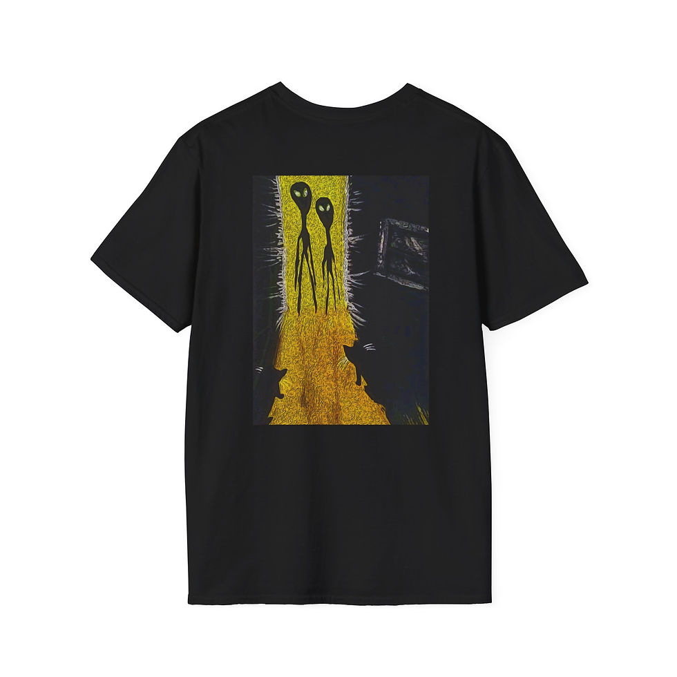 Thumbnail: Alien Silhouette T-Shirt Abstract Yellow Night Doorway Scene Cats by Melody Lane