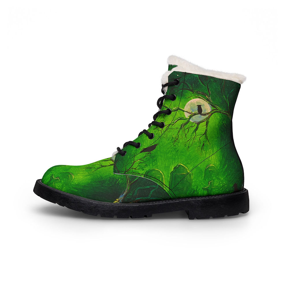 Thumbnail: Green Moonlit Tree Cemetery Crow Women's Fur-Lined Leather Boots