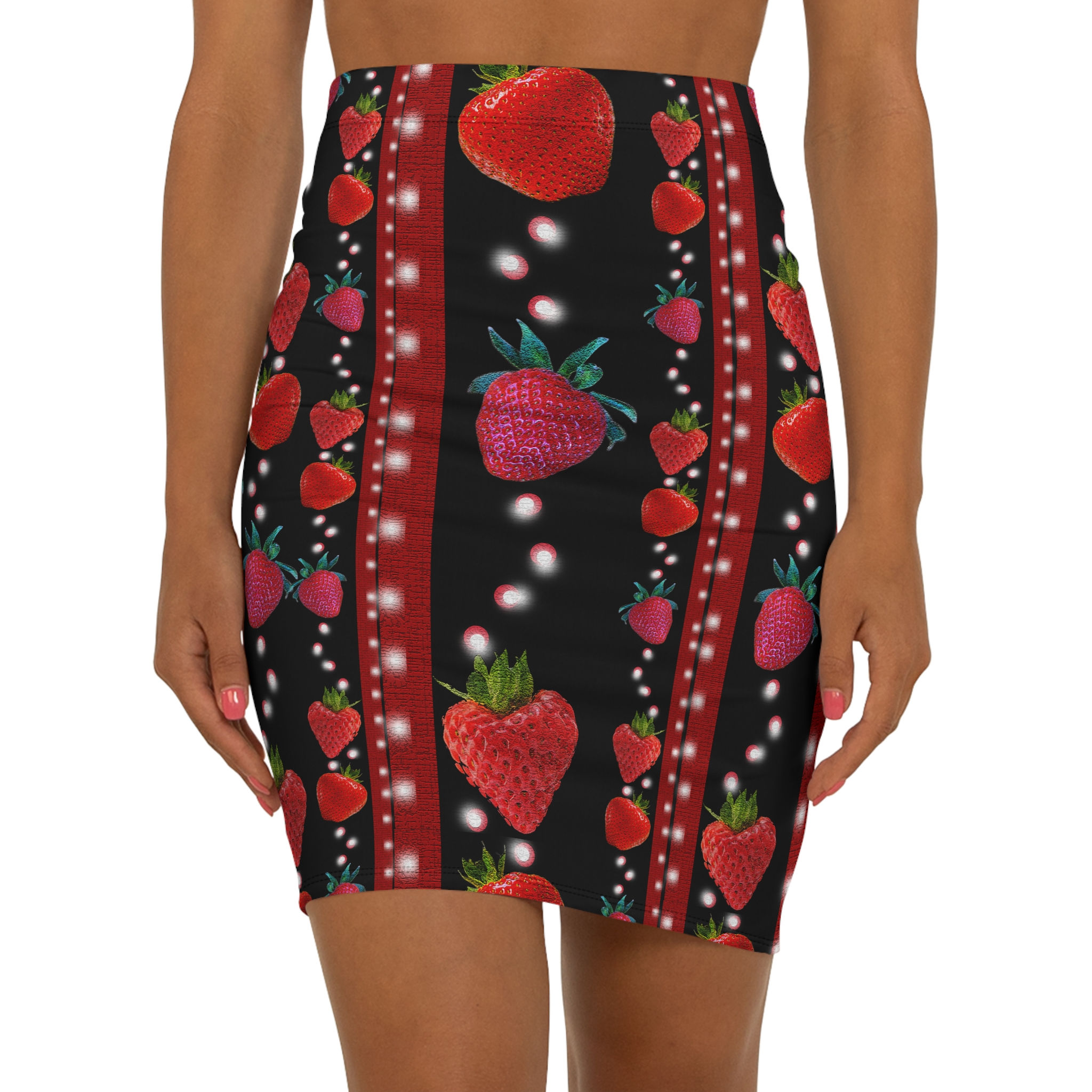 Red Pink Strawberry Retro Pencil Skirt Black Fruit Summer Vibes by Melody Lane