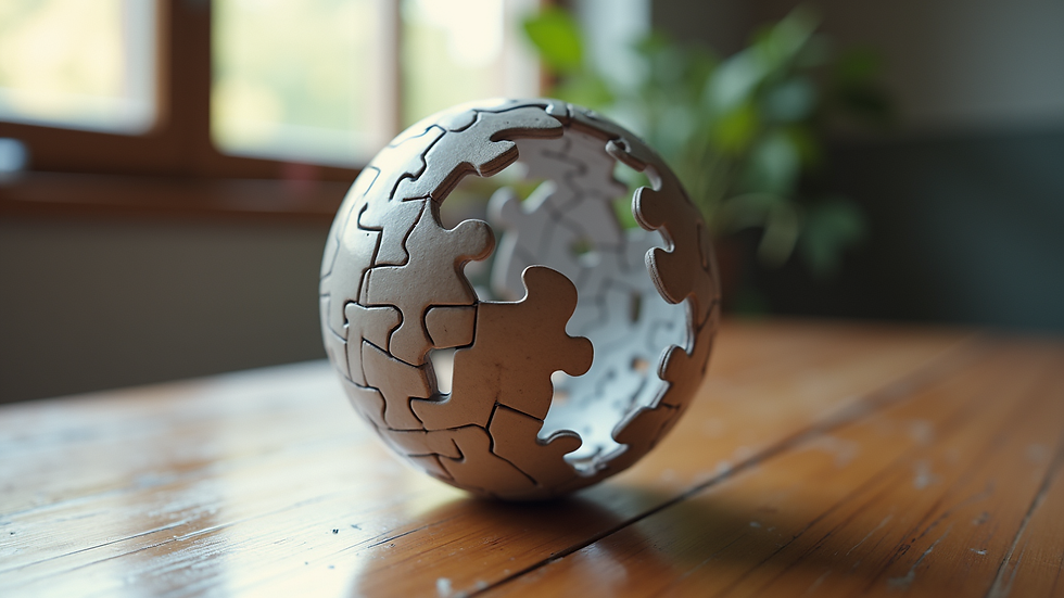 Eye-level view of a nearly completed 3D puzzle sphere on a wooden table