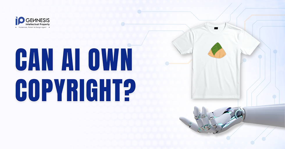Futuristic robotic hand reaches for a T-shirt with a green leaf design. Text asks, "CAN AI OWN COPYRIGHT?" on a tech-themed background.